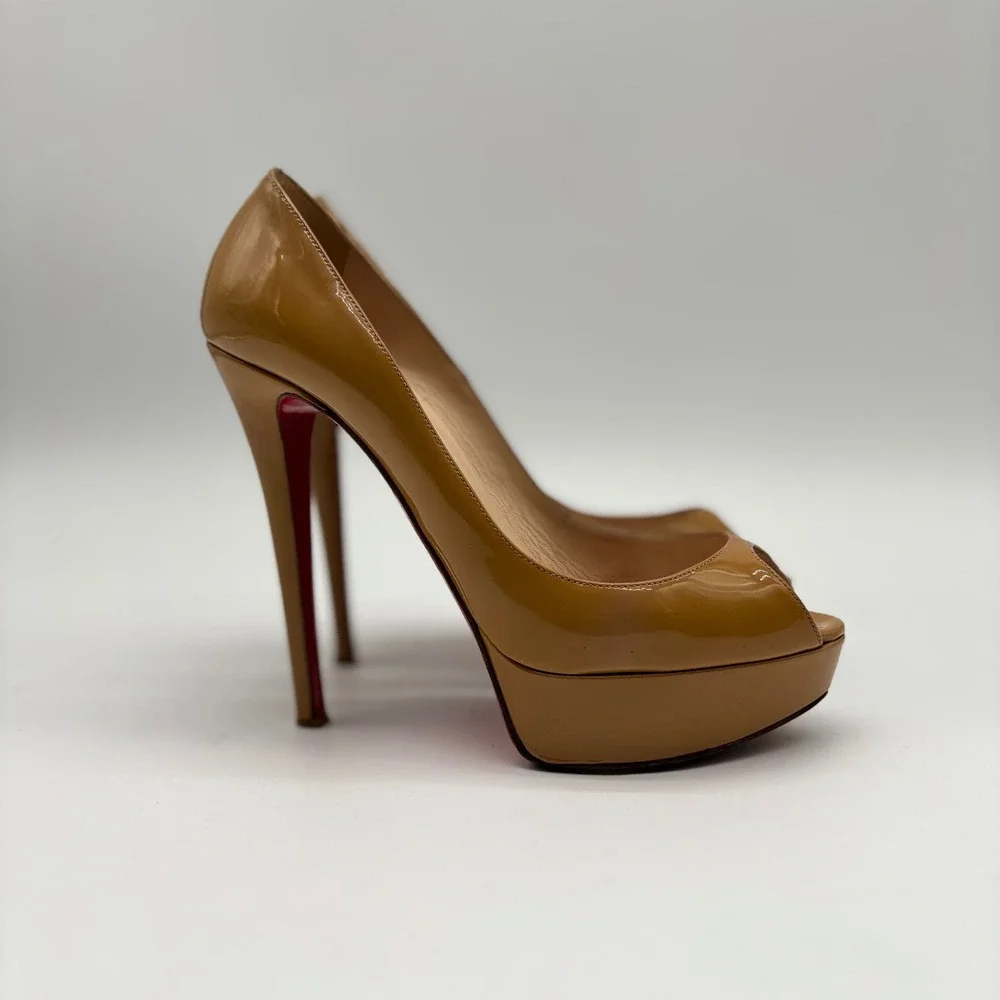 Christian Louboutin Lady Peep 150 Patent Leather Platform Pumps Tan Camel 38.5